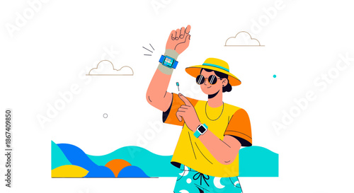 Stylish traveler demonstrating dual smartwatch technology on a vibrant beach backdrop showcasing
