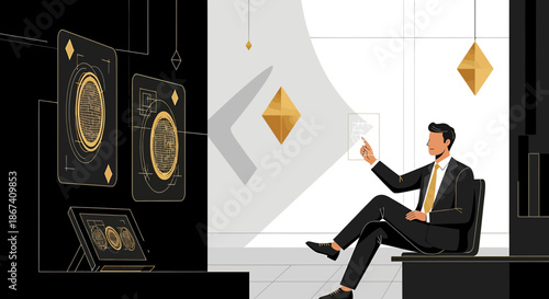 Sophisticated design depicting a businessman interacting with advanced holographic technology