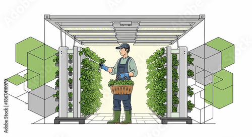 Vertical farming illustration showcasing a farmer harvesting fresh greens in a futuristic indoor