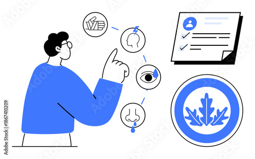 Person interacts with icons for brain, eye, nose, achievements, document, and reward. Ideal for education, learning, multisensory engagement achievement personal growth success self-development