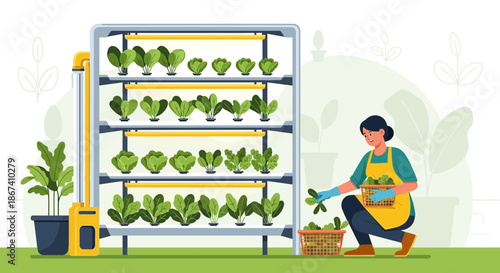 Woman harvesting leafy greens from a vertical farm, promoting sustainable agriculture with indoor