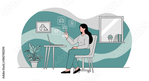 Woman interacting with digital interface at home providing modern communication and collaboration