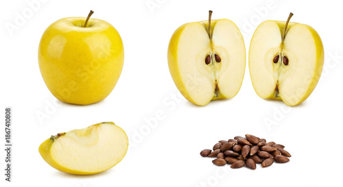 Fresh yellow apple shown in multiple forms: whole fruit, halved section revealing seeds, single slice, and a pile of seeds arranged on a clean white background. High quality photo