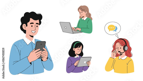 Modern Digital Lifestyle Illustration of People Using Smartphones, Tablets, and Laptops for Online Communication, Work, and Social Interaction

This digital lifestyle illustration shows people using s