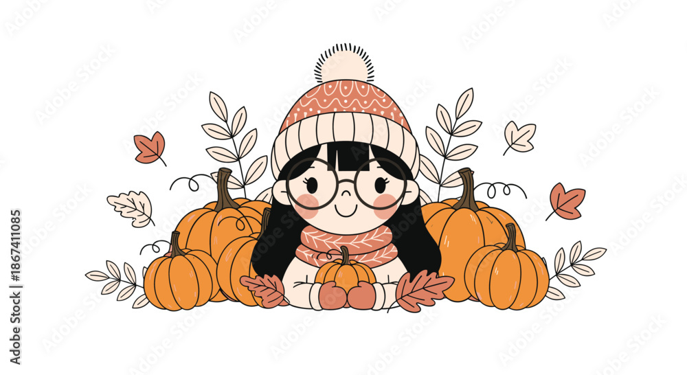 Fototapeta premium Young girl with glasses and a winter hat sitting among a large harvest of orange pumpkins and fallen autumn leaves in a rural setting.