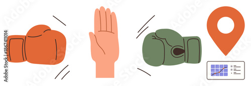 Conflict resolution, navigation tools, teamwork, decision-making, disputes, communication skills. Boxing gloves, hand gesture and location pin. Conflict resolution and navigation tools concept