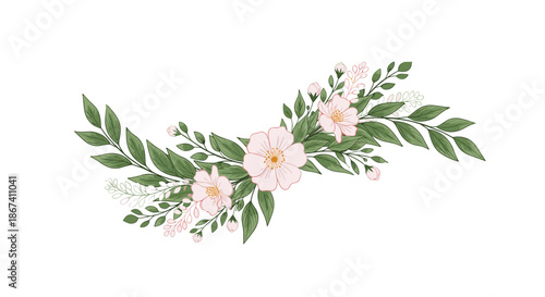 Elegant horizontal floral arrangement featuring delicate pink wild roses and green leaves on a clean and plain white background.