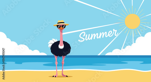 Cool ostrich wearing a summer hat and dark sunglasses standing on a tropical sandy beach under a bright yellow sun and blue sky.