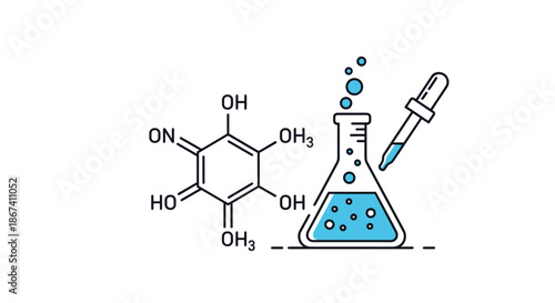 Science laboratory concept featuring a chemical structure diagram beside an Erlenmeyer flask and a glass dropper with blue liquid.