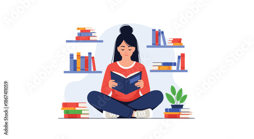 Young woman sitting cross legged on the floor in a library and reading a book surrounded by shelves full of colorful literature.