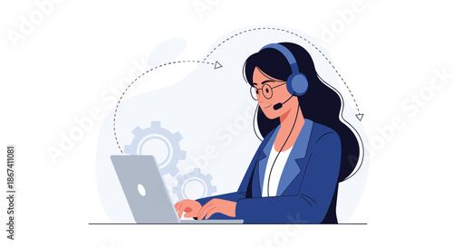Professional customer service representative woman wearing a headset and working on a laptop computer in a modern office environment.