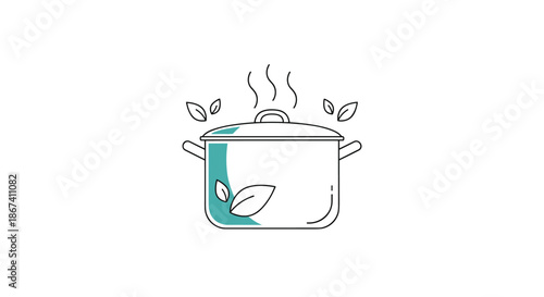 Simple line art illustration of a cooking pot with rising steam and herbal tea leaves representing a healthy home cooked soup or meal.