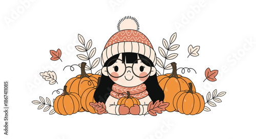 Young girl with glasses and a winter hat sitting among a large harvest of orange pumpkins and fallen autumn leaves in a rural setting.