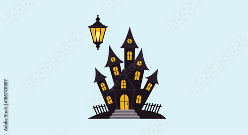 Dark and spooky haunted mansion with yellow glowing windows and an old lantern floating in the night sky for a halloween celebration.