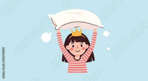 Cute young girl wearing a golden crown and holding up a large soft white pillow over her head against a solid light blue background.