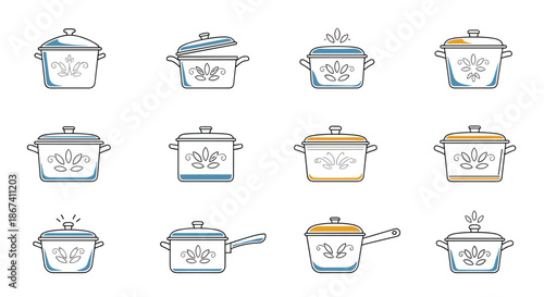 Diverse collection of professional kitchen cooking pots and pans with lids and decorative patterns arranged in rows on white background.