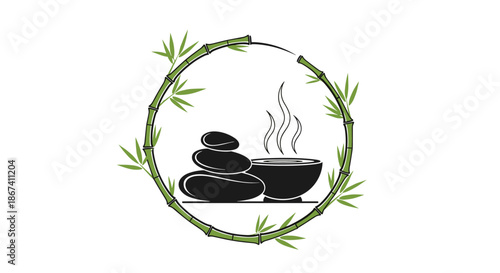 Zen spa therapy concept featuring balanced smooth black stones, a steaming bowl and a circular bamboo frame on a white background.