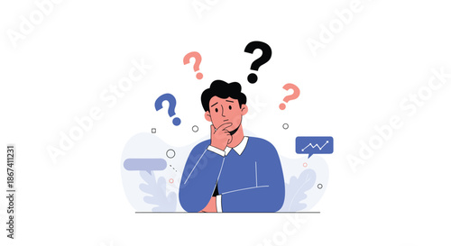 Young man in a blue shirt looks thoughtful with several colorful question marks floating above his head to represent confusion or ideas.