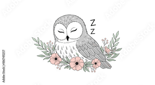 Sleeping grey owl is peacefully resting on a bed of delicate pink flowers and green leaves in a beautiful hand drawn illustration style.