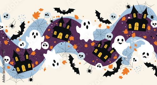 Halloween border design features a seamless pattern of ghosts and haunted houses with bats and spiders among autumn leaves on a wave.