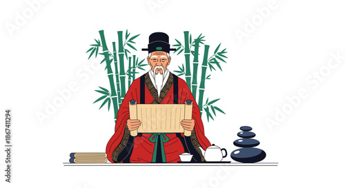 Wise old chinese scholar wearing traditional red robes sits at a table reading a long scroll with bamboo and a tea set in the background.