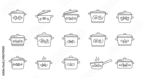 Extensive collection of various kitchen pots, pans, and cooking vessels in a clean black and white line art style.