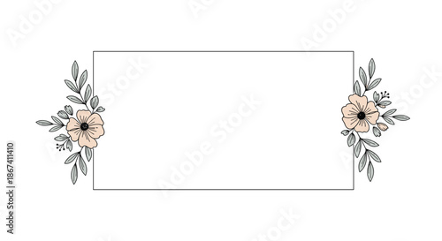 Delicate floral frame featuring soft pink flowers and green leaves on both sides of a blank rectangular space for text.