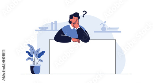 Pensive man leaning on a blank white board with a question mark above his head, contemplating an idea or problem.