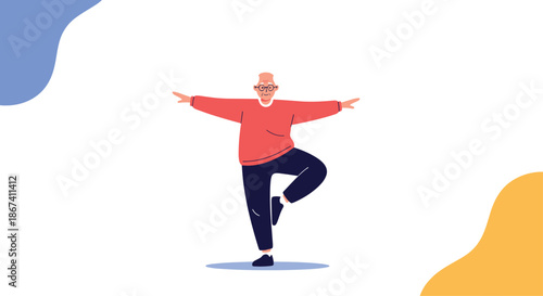 Senior man practicing yoga by balancing on one leg with arms outstretched to improve his health and physical wellness.