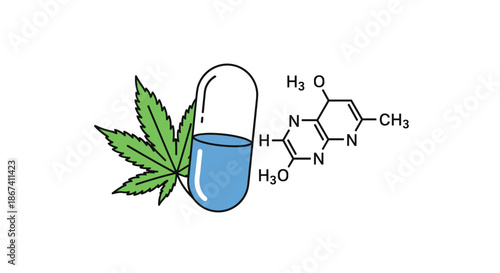 Marijuana leaf positioned next to a medicinal capsule with a complex chemical molecular structure in a scientific style.