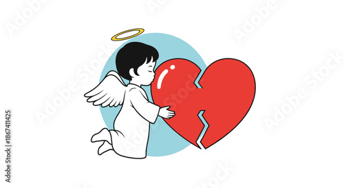 Sweet little angel with white wings and a golden halo hugging a large broken red heart to offer comfort and healing.