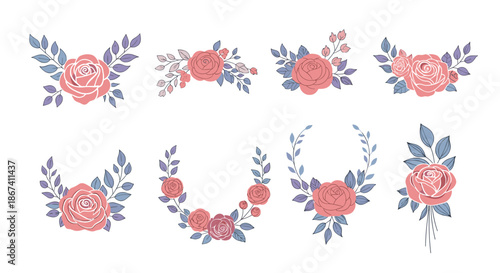 Collection of eight floral arrangements featuring pink roses and blue leaves in various shapes like wreaths and sprays.