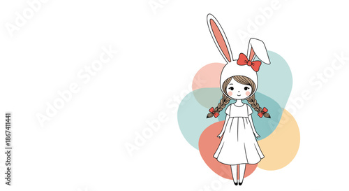 Little girl with long braids wearing a white hood with bunny ears, standing in front of soft colorful circle shapes.