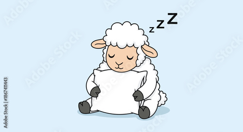 Sleeping white sheep sitting and hugging a large white pillow with a peaceful expression and letter z above its head.