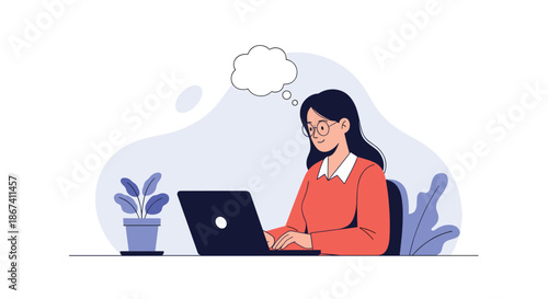Woman working on a laptop at a desk with a plant and a thought bubble, representing focus, planning, and creativity.