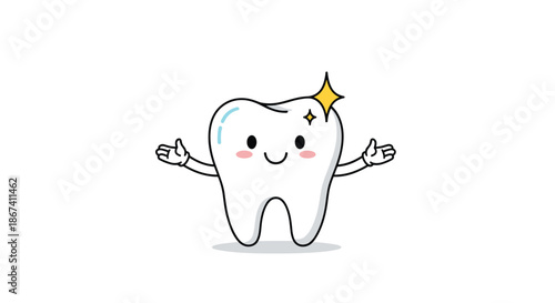 Happy smiling tooth character with sparkling stars and open arms, promoting dental health and a bright white smile.