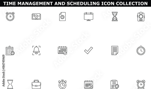 A collection of time management and scheduling icons on a white background