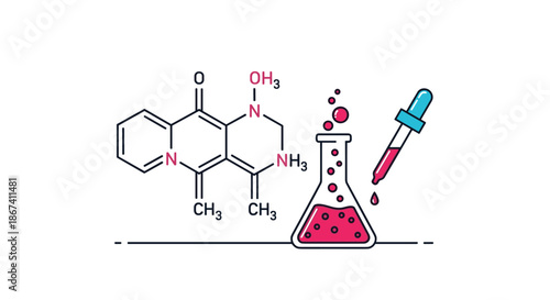 Laboratory flask and pipette containing pink liquid shown next to a complex chemical formula for scientific research.