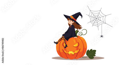 Little witch sitting on a large carved pumpkin with a glowing face, accompanied by a spider web and a small spider.