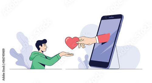 Heart being passed from a smartphone screen to a young man, symbolizing social media love, likes, and connectivity.