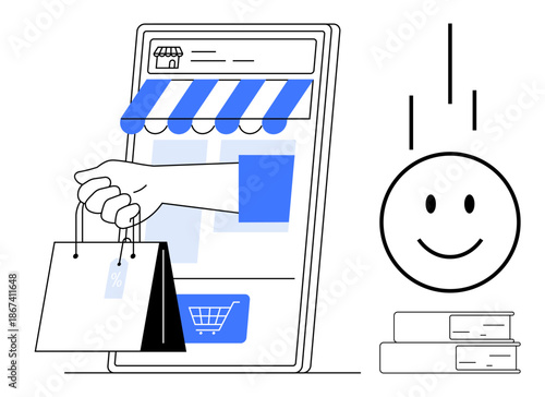 E-commerce concept. E-commerce through a mobile store and shopping bag highlights the convenience of online shopping. E-commerce creates retail opportunities via digital platforms. For retail, tech