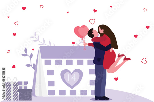 Wallpaper Mural February 14. calendar. Embracing Love. Joyful . Young couple falling in love on Valentine's Day vector  illustration Torontodigital.ca