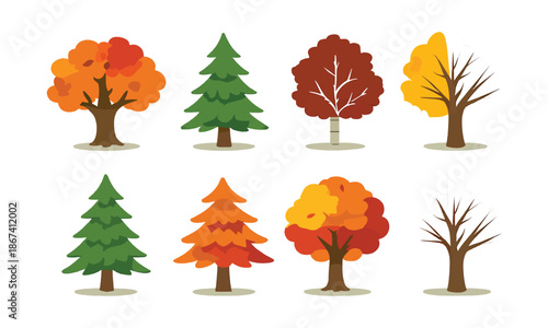 Vibrant collection of illustrated trees in flat style, depicting different seasons and types for graphic design projects