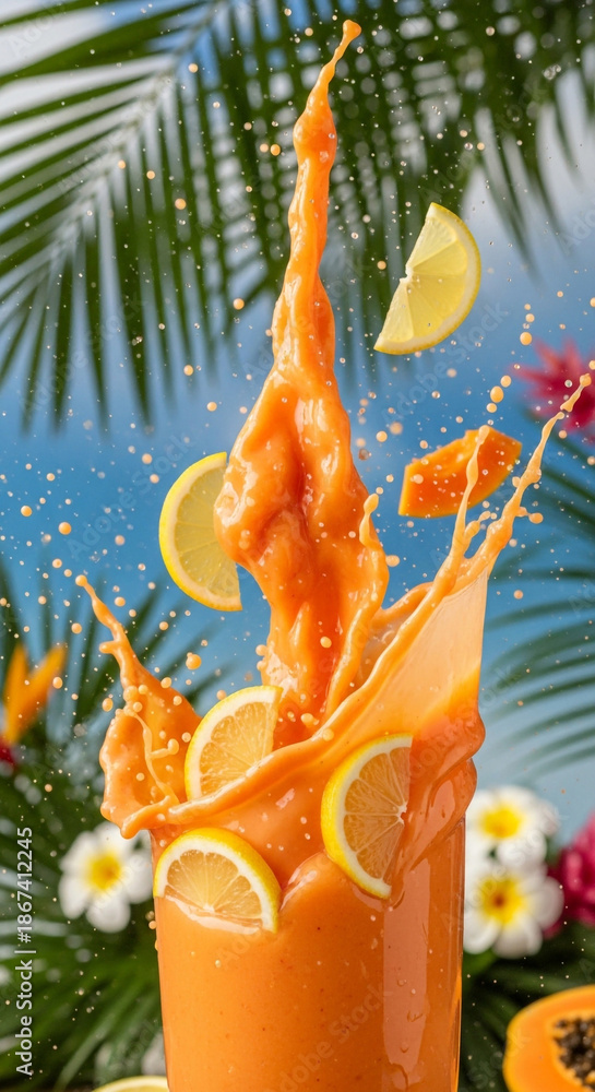 Fototapeta premium Papaya smoothie bursting upward with lemon wedges mid-air 