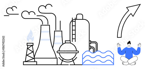 Environmental awareness, industrial growth, clean energy, sustainability, health, mindfulness. Factory and pollution elements with a meditating person and arrow growth symbol. Environmental awareness