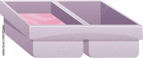 Rectangular handmade soap mold with an empty compartment and one filled with pink liquid.