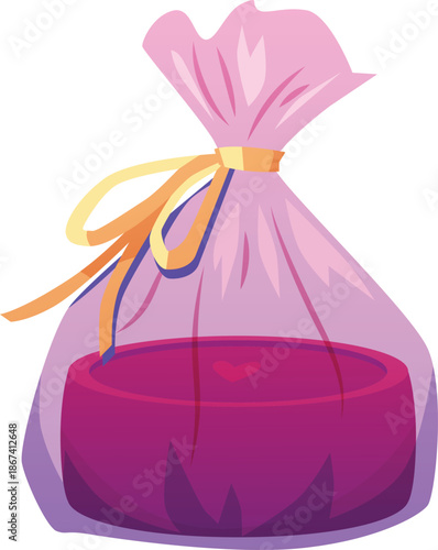 Soap solution bag tied with golden ribbon bow vector flat illustration, perfumery mixture making handmade natural soap