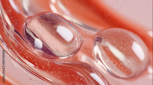 Close-up of transparent gel capsules with liquid droplets on red surface