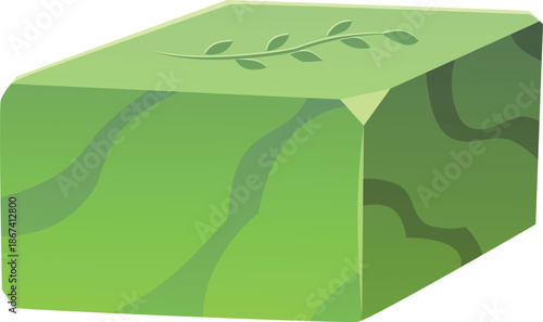Green bar of natural handmade soap with a leafy stem imprint.