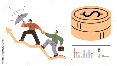 Finance, teamwork, growth, risk management, investment, wealth planning. Two people climbing an upward arrow with protection. Finance and teamwork through growth and support